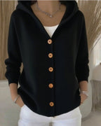 Women's Hooded Knit Cardigan with Wood-Tone Buttons and Pockets, Black, view 8