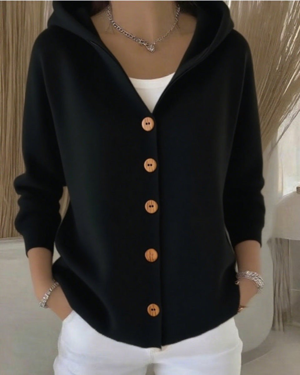 Women's Hooded Knit Cardigan with Wood-Tone Buttons and Pockets, Black, view 8