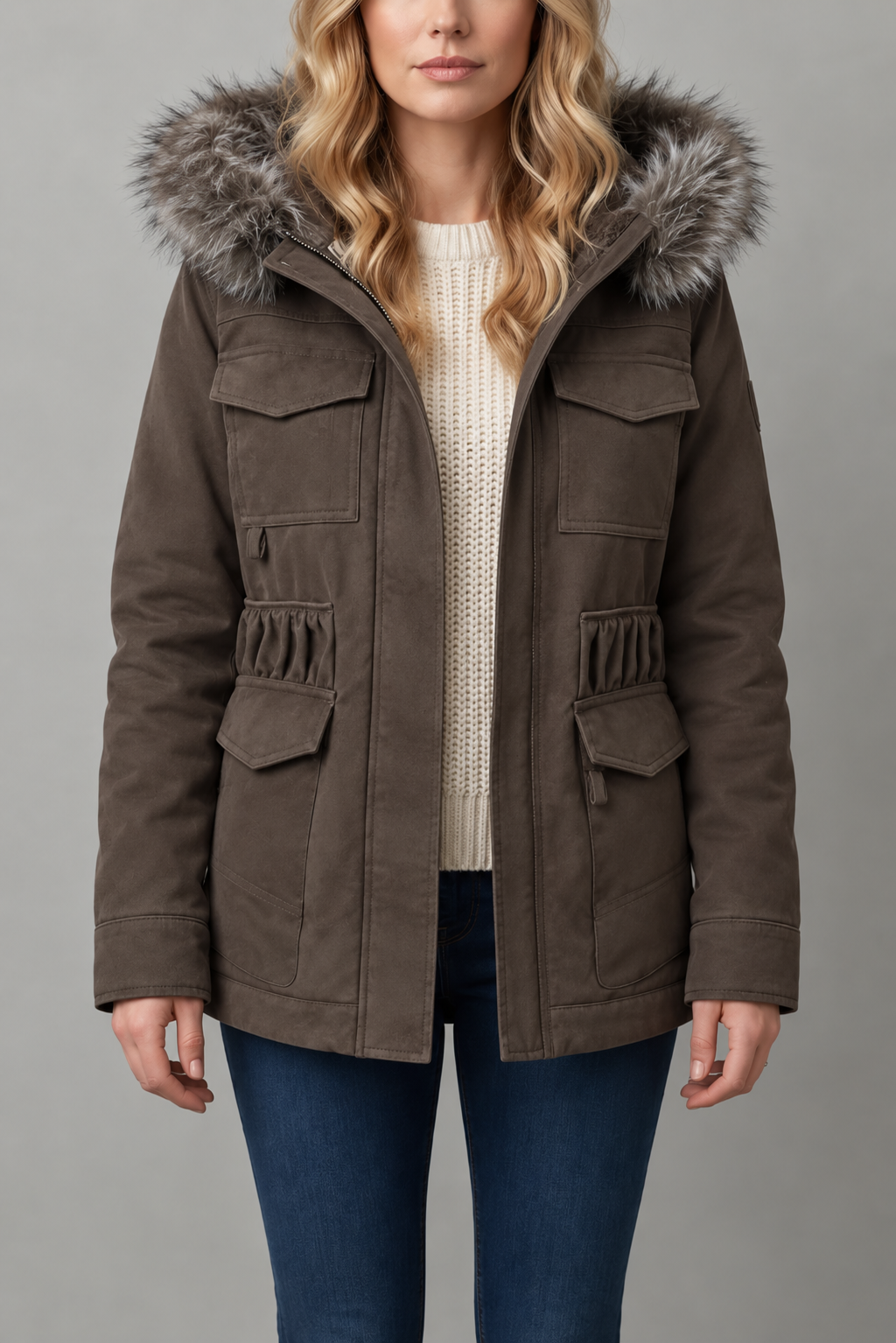 Women's Hooded Parka with Trimmed Hood and Flap Pockets, Brown, view 1