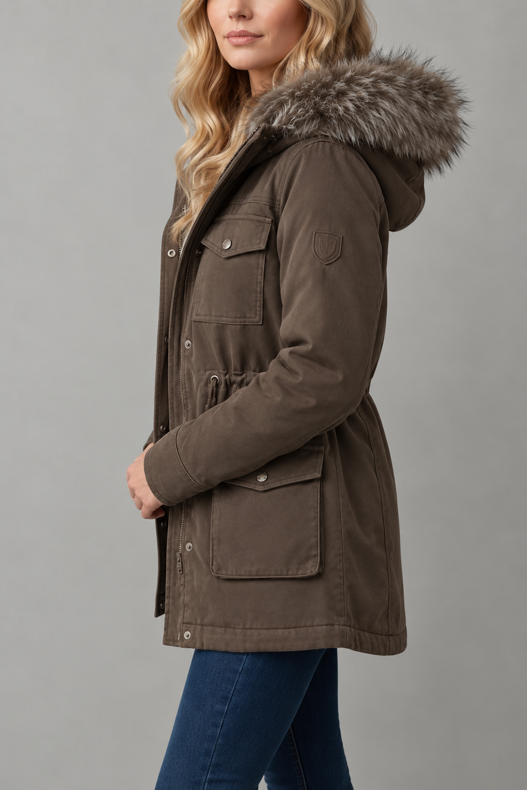 Women's Hooded Parka with Trimmed Hood and Flap Pockets, view 2