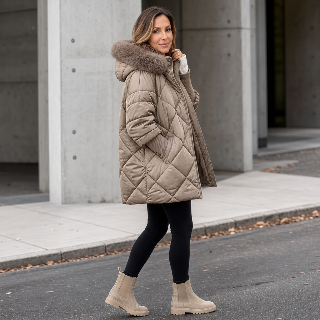 Women's Hooded Puffer Coat with Diamond Quilting and Ribbed Cuffs, view 2