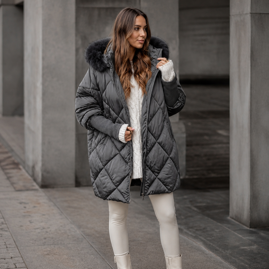 Women's Hooded Puffer Coat with Diamond Quilting and Ribbed Cuffs, Grey, view 3