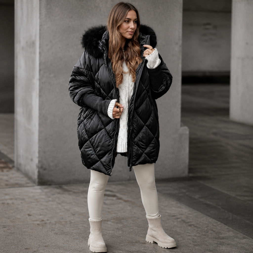 Women's Hooded Puffer Coat with Diamond Quilting and Ribbed Cuffs, Black, view 4