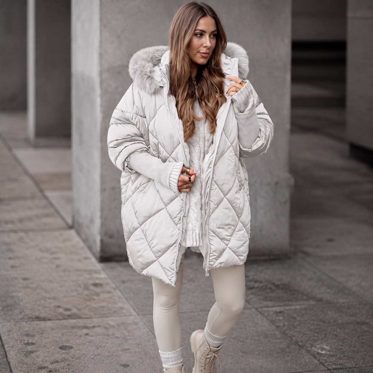 Women's Hooded Puffer Coat with Diamond Quilting and Ribbed Cuffs, White, view 5