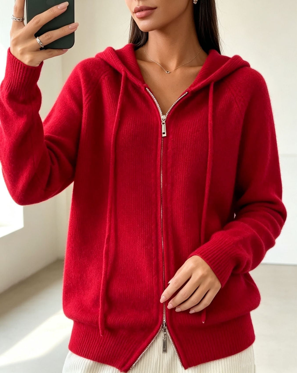 Women's Hooded Zip-Up Cable Knit Cardigan, Red, view 1