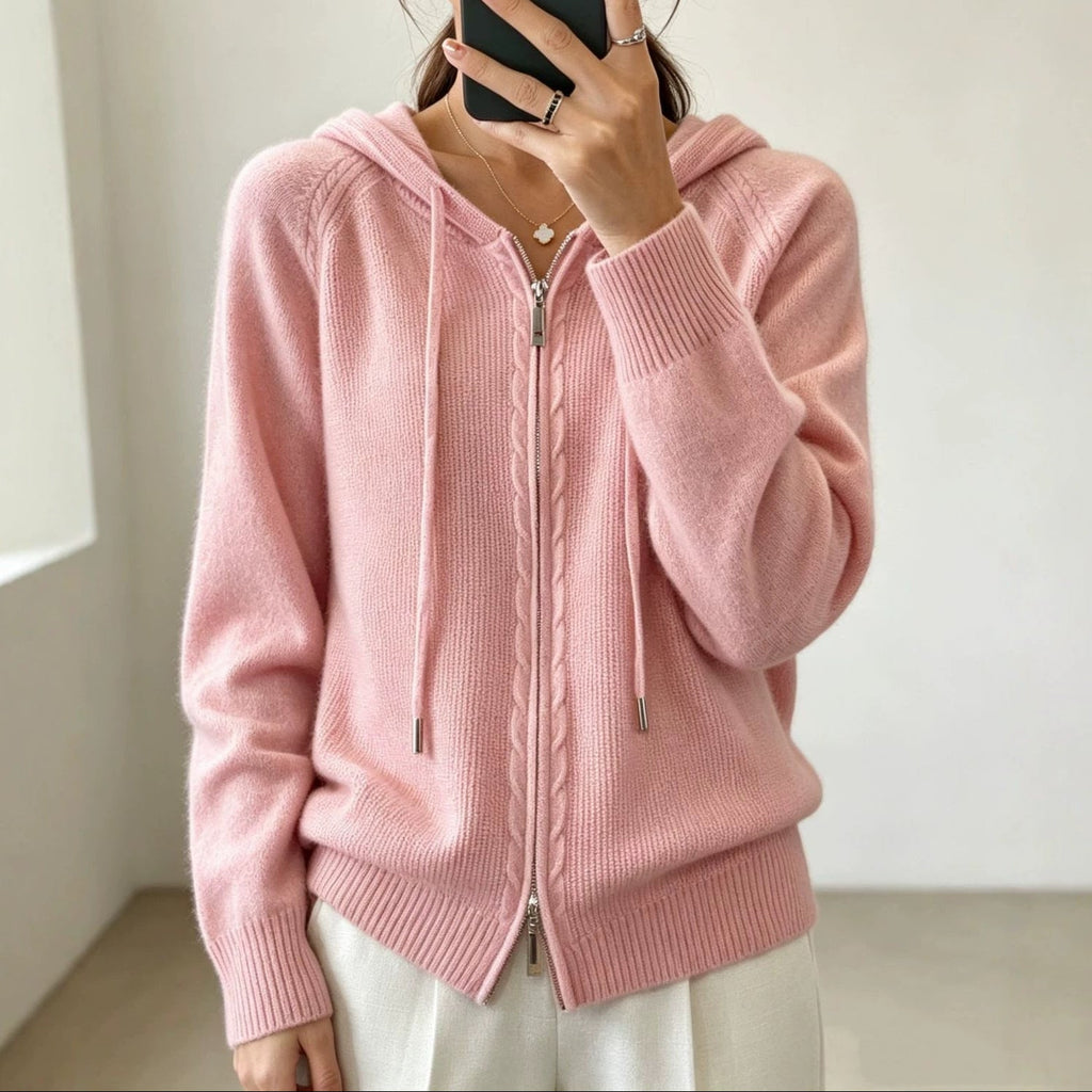Women's Hooded Zip-Up Cable Knit Cardigan, Pink, view 2