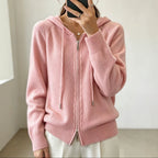 Women's Hooded Zip-Up Cable Knit Cardigan, Pink, view 2