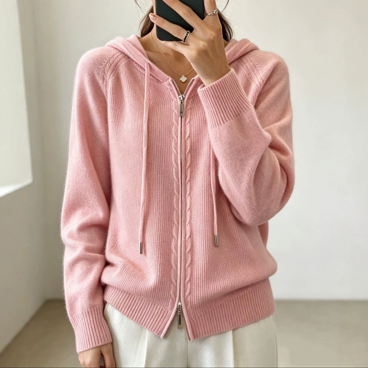 Women's Hooded Zip-Up Cable Knit Cardigan, Pink, view 2