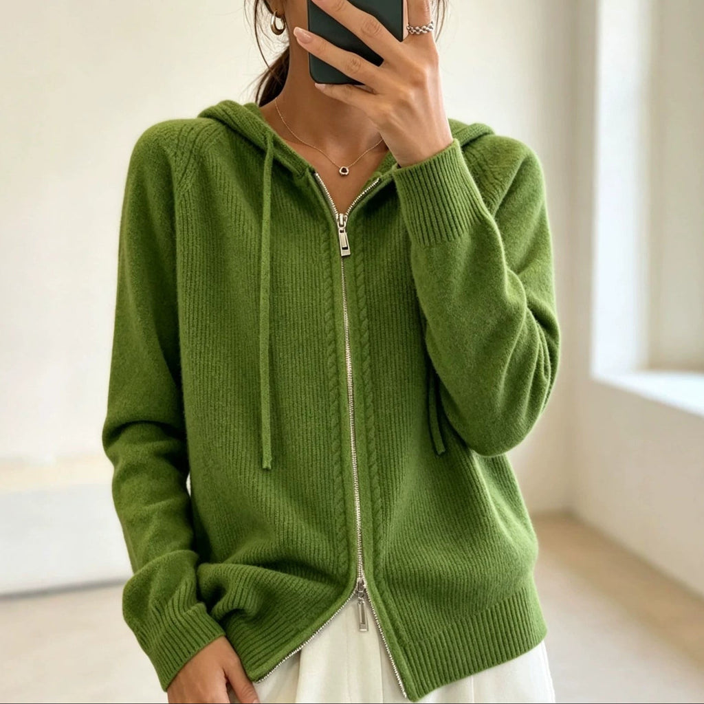 Women's Hooded Zip-Up Cable Knit Cardigan, Green, view 3