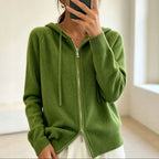 Women's Hooded Zip-Up Cable Knit Cardigan, Green, view 3