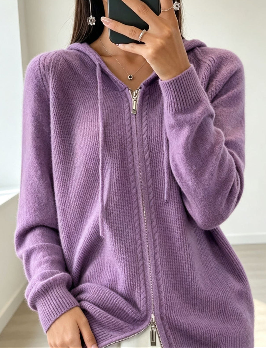 Women's Hooded Zip-Up Cable Knit Cardigan, Purple, view 4