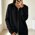 Women's Hooded Zip-Up Cable Knit Cardigan, Black, view 6