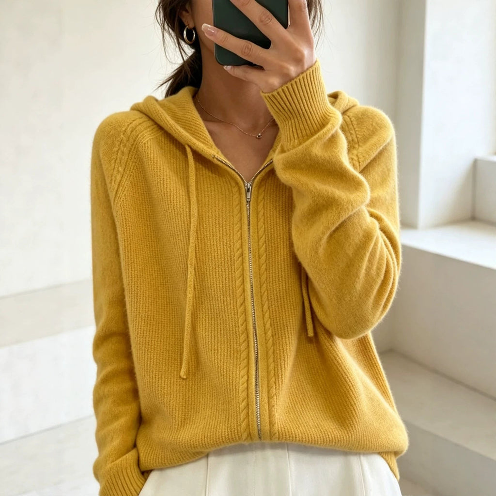 Women's Hooded Zip-Up Cable Knit Cardigan, Yellow, view 8