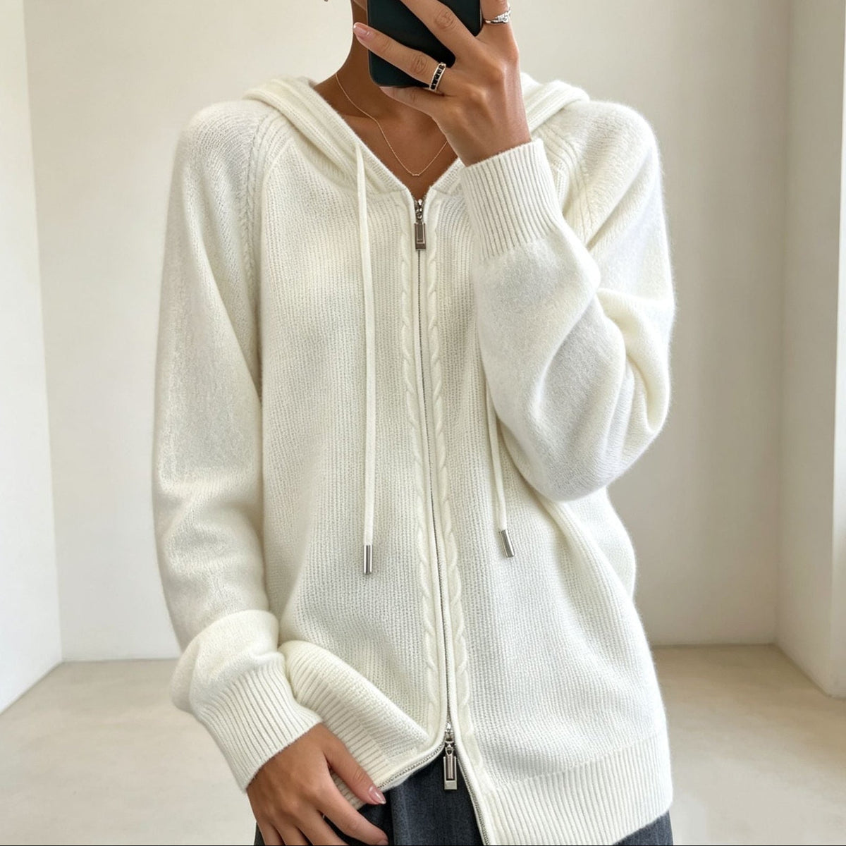 Women's Hooded Zip-Up Cable Knit Cardigan, White, view 9