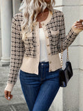 Women's Houndstooth Knit Cardigan with Gold Buttons, Beige, view 1