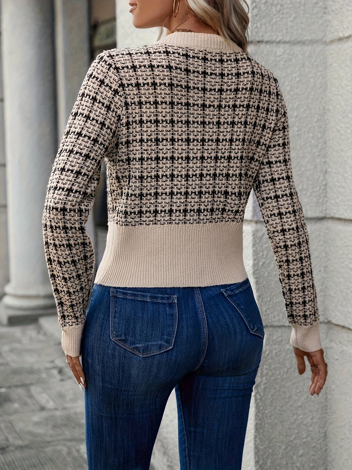 Women's Houndstooth Knit Cardigan with Gold Buttons, view 3