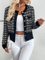 Women's Houndstooth Knit Cardigan with Gold Buttons, Black, view 4