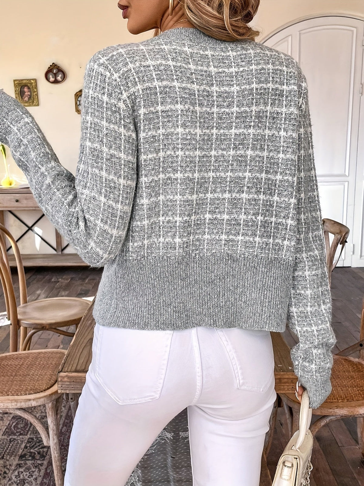 Women's Houndstooth Knit Cardigan with Gold Buttons, view 7