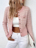 Women's Houndstooth Knit Cardigan with Gold Buttons, Pink, view 8