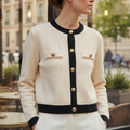 Women's Knit Cardigan with Gold Buttons and Chest Pockets, Beige, view 1