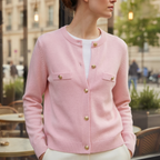 Women's Knit Cardigan with Gold Buttons and Chest Pockets, Pink, view 2