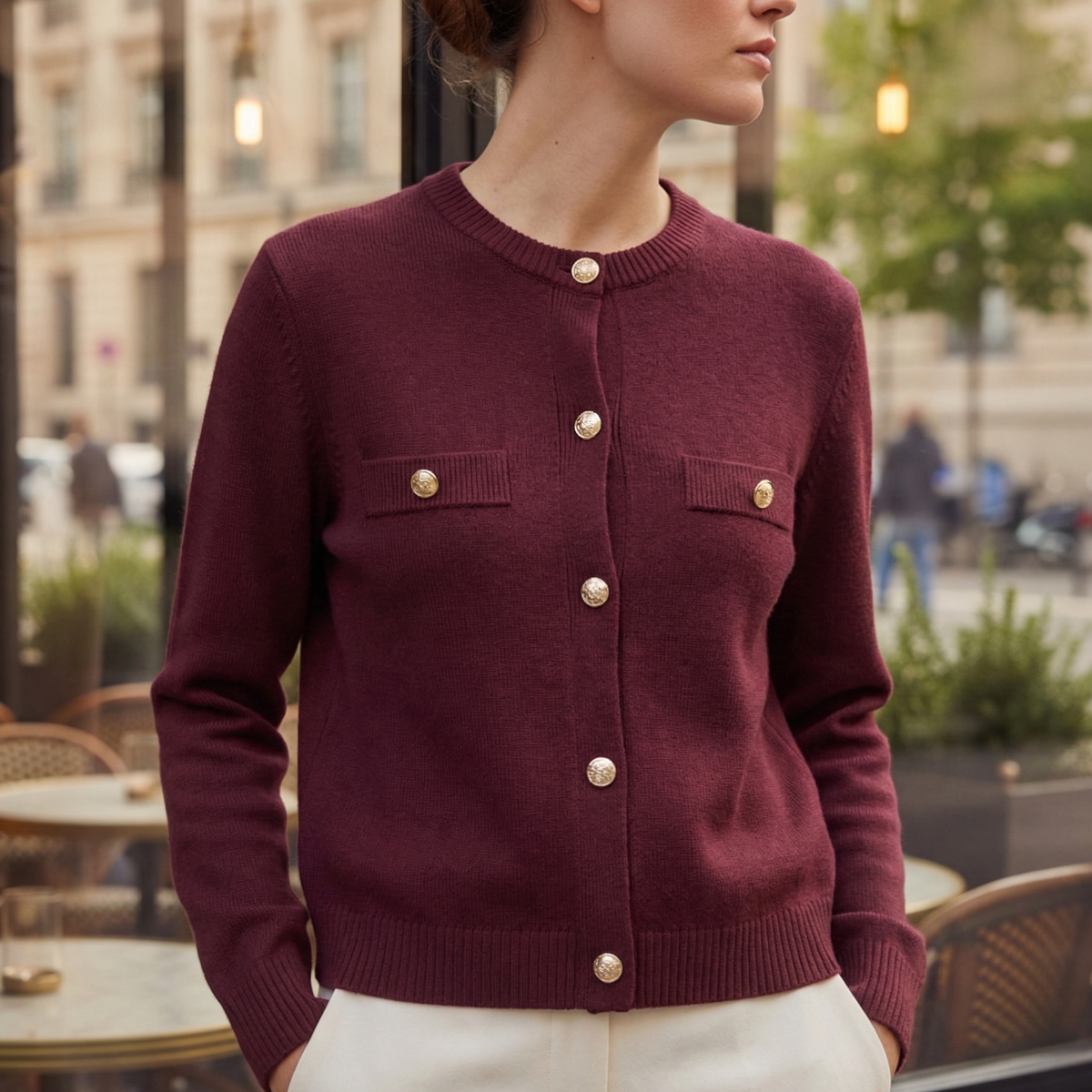 Women's Knit Cardigan with Gold Buttons and Chest Pockets, Burgundy, view 3