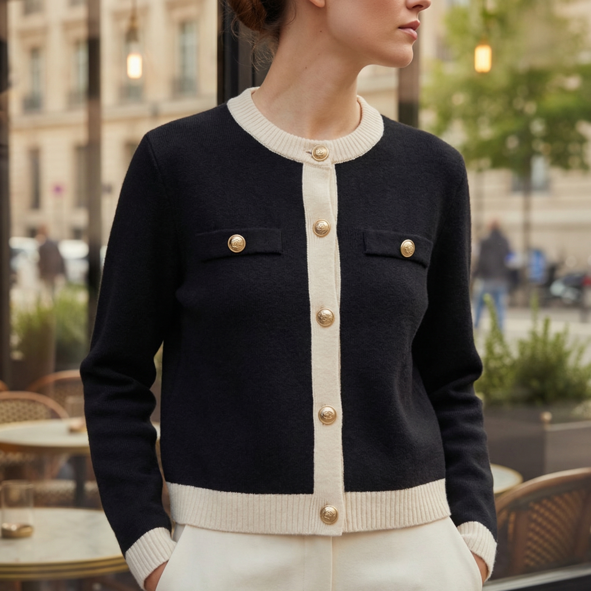 Women's Knit Cardigan with Gold Buttons and Chest Pockets, Black, view 4