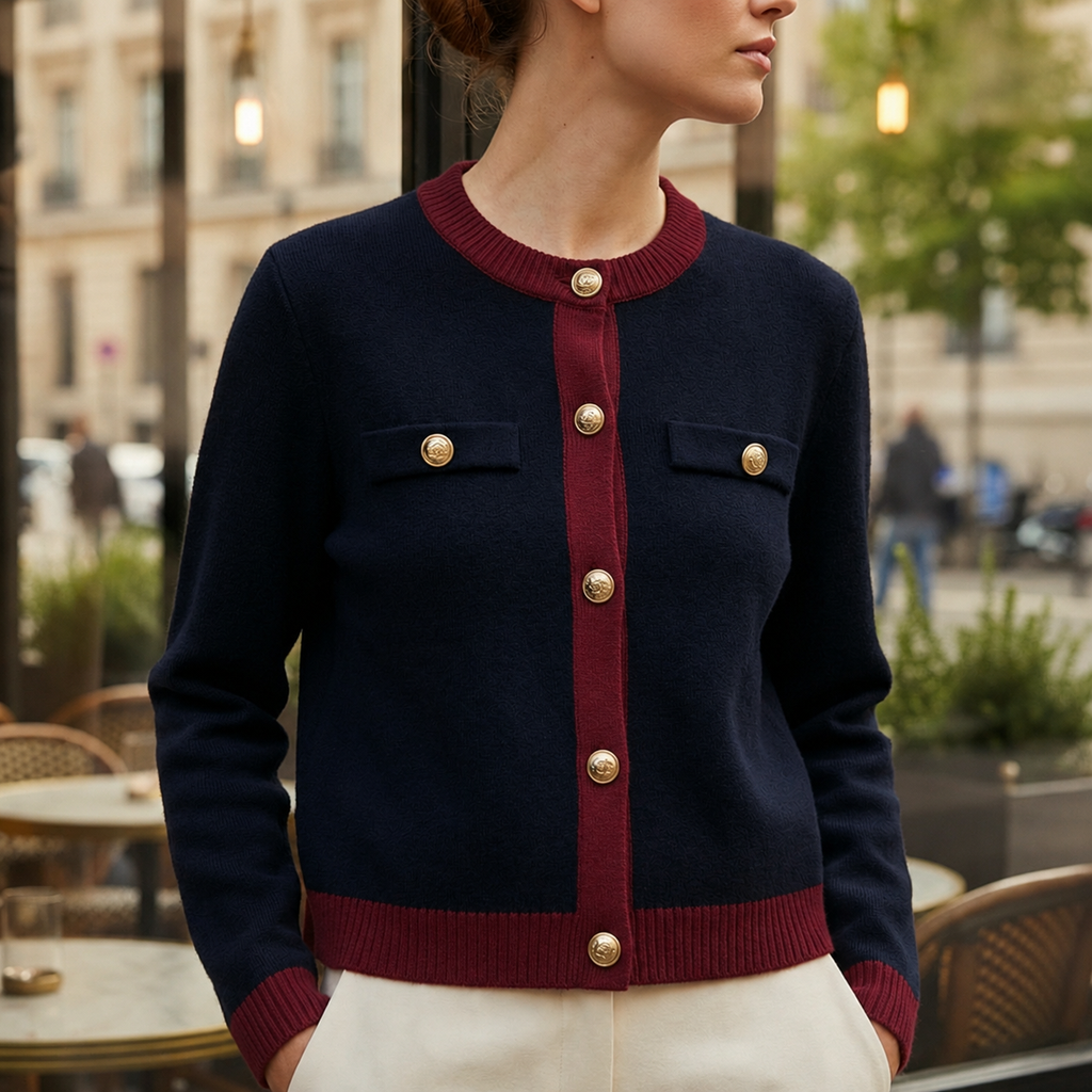 Women's Knit Cardigan with Gold Buttons and Chest Pockets, Navy Blue, view 5