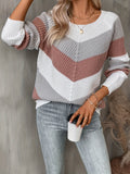 Women's Knit Jumper with Chevron Colour Block Pattern, White, view 1