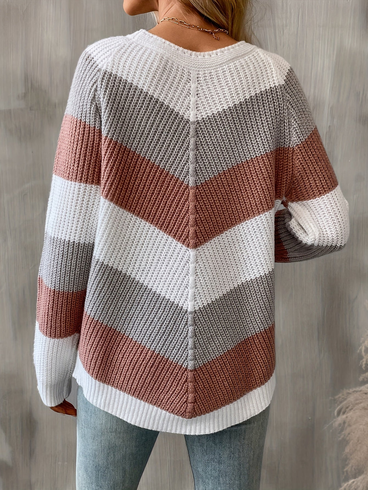 Women's Knit Jumper with Chevron Colour Block Pattern, view 2