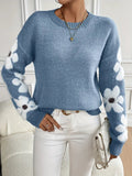 Women's Knit Jumper with Floral Sleeve Detail and Crew Neck, Blue, view 1