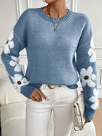 Women's Knit Jumper with Floral Sleeve Detail and Crew Neck, Blue, view 1