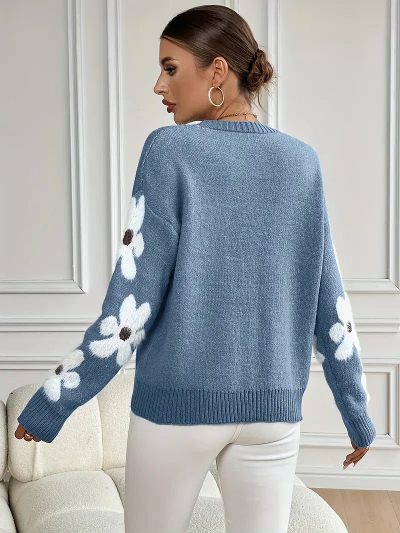 Women's Knit Jumper with Floral Sleeve Detail and Crew Neck, view 2