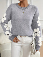 Women's Knit Jumper with Floral Sleeve Detail and Crew Neck, view 3