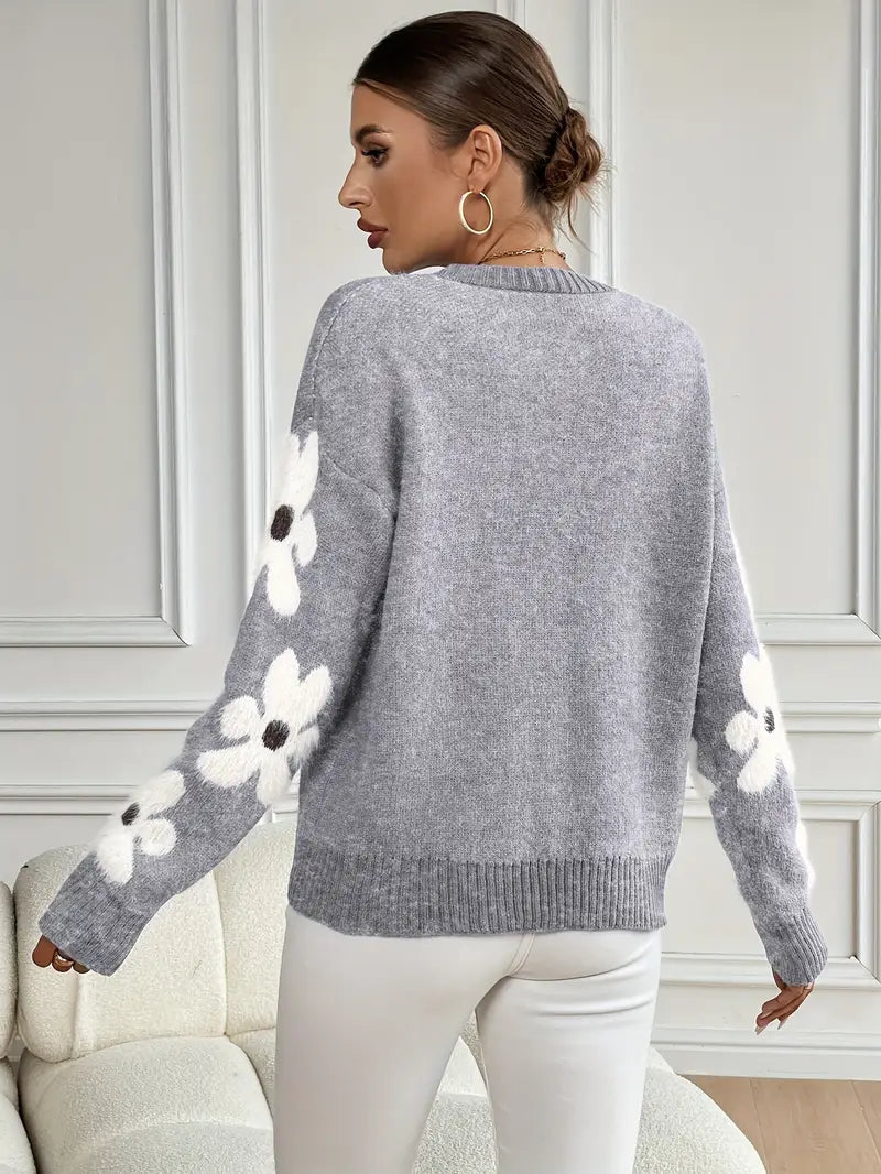 Women's Knit Jumper with Floral Sleeve Detail and Crew Neck, Grey, view 4