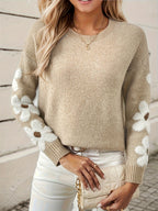 Women's Knit Jumper with Floral Sleeve Detail and Crew Neck, Khaki, view 5