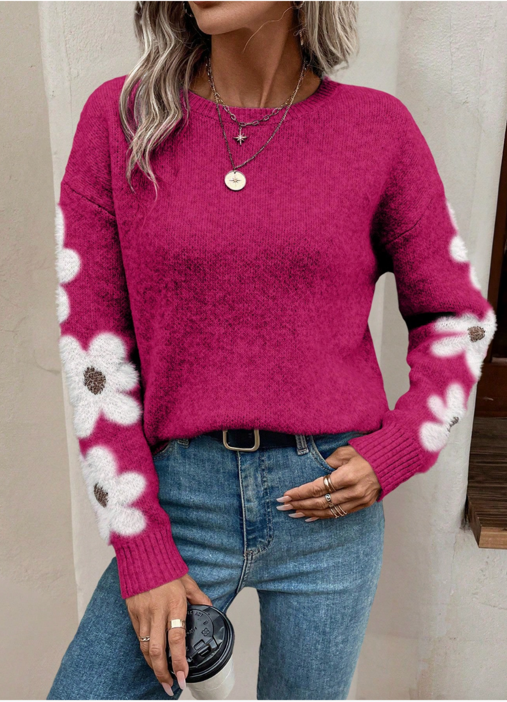 Women's Knit Jumper with Floral Sleeve Detail and Crew Neck, Pink, view 7