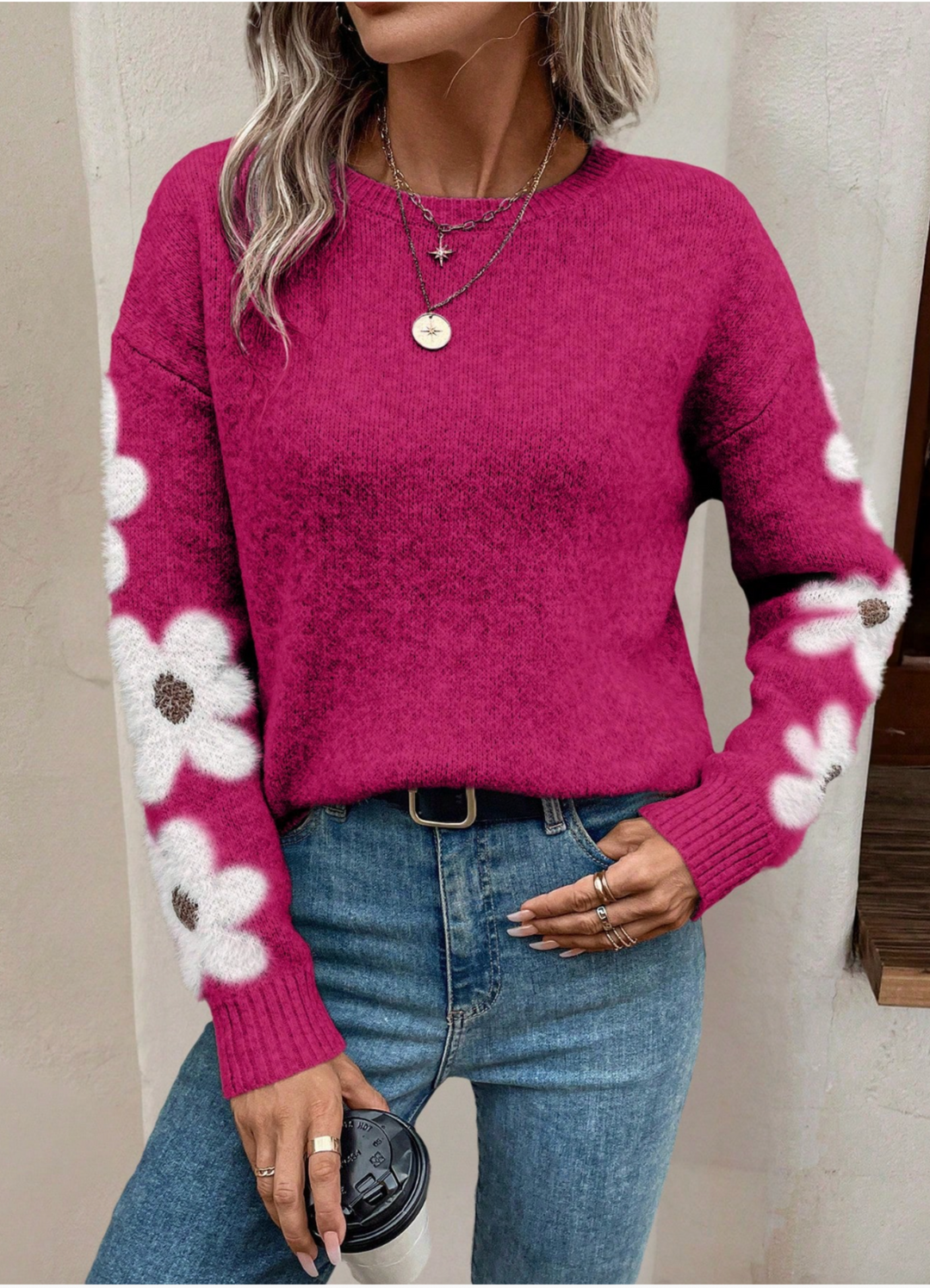 Women's Knit Jumper with Floral Sleeve Detail and Crew Neck, Pink, view 7