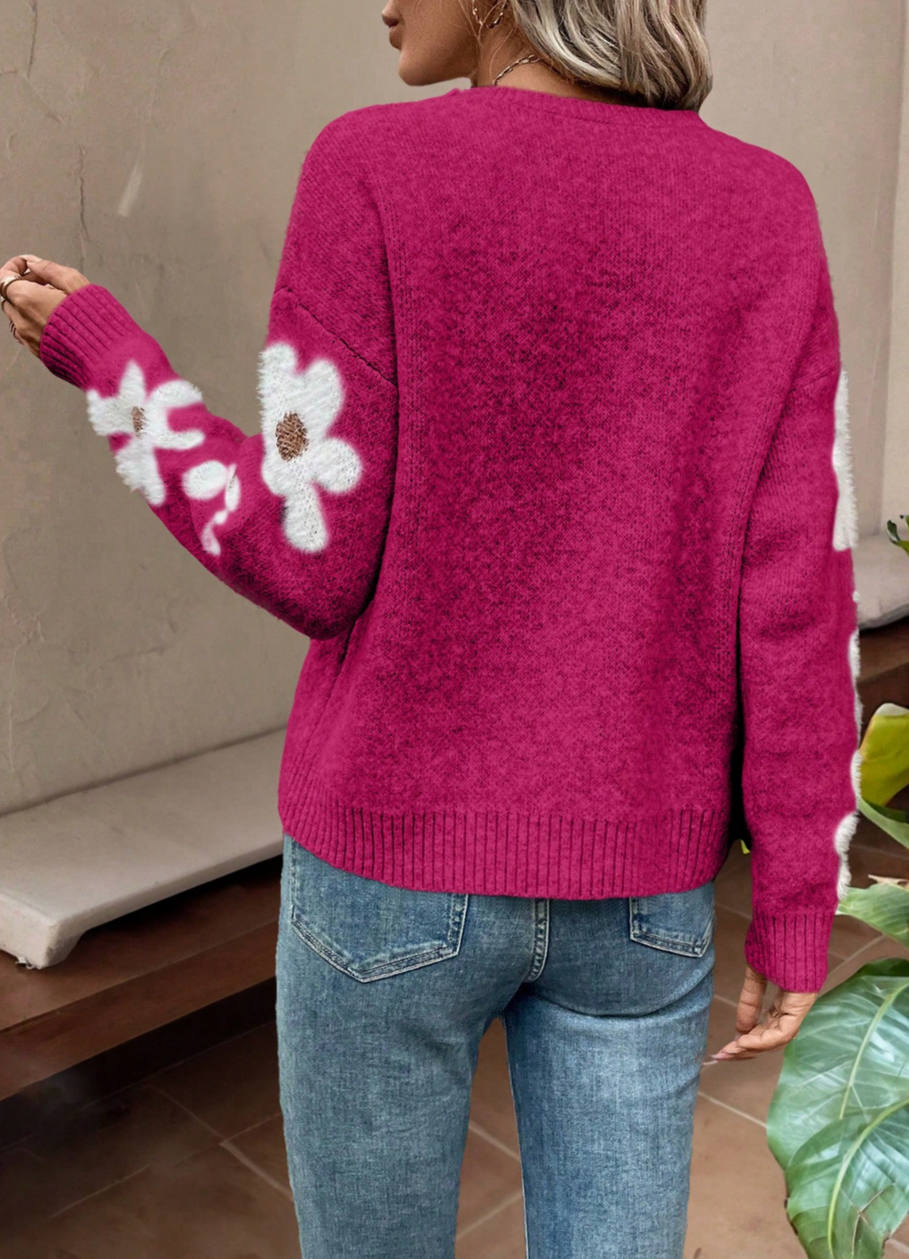 Women's Knit Jumper with Floral Sleeve Detail and Crew Neck, view 8