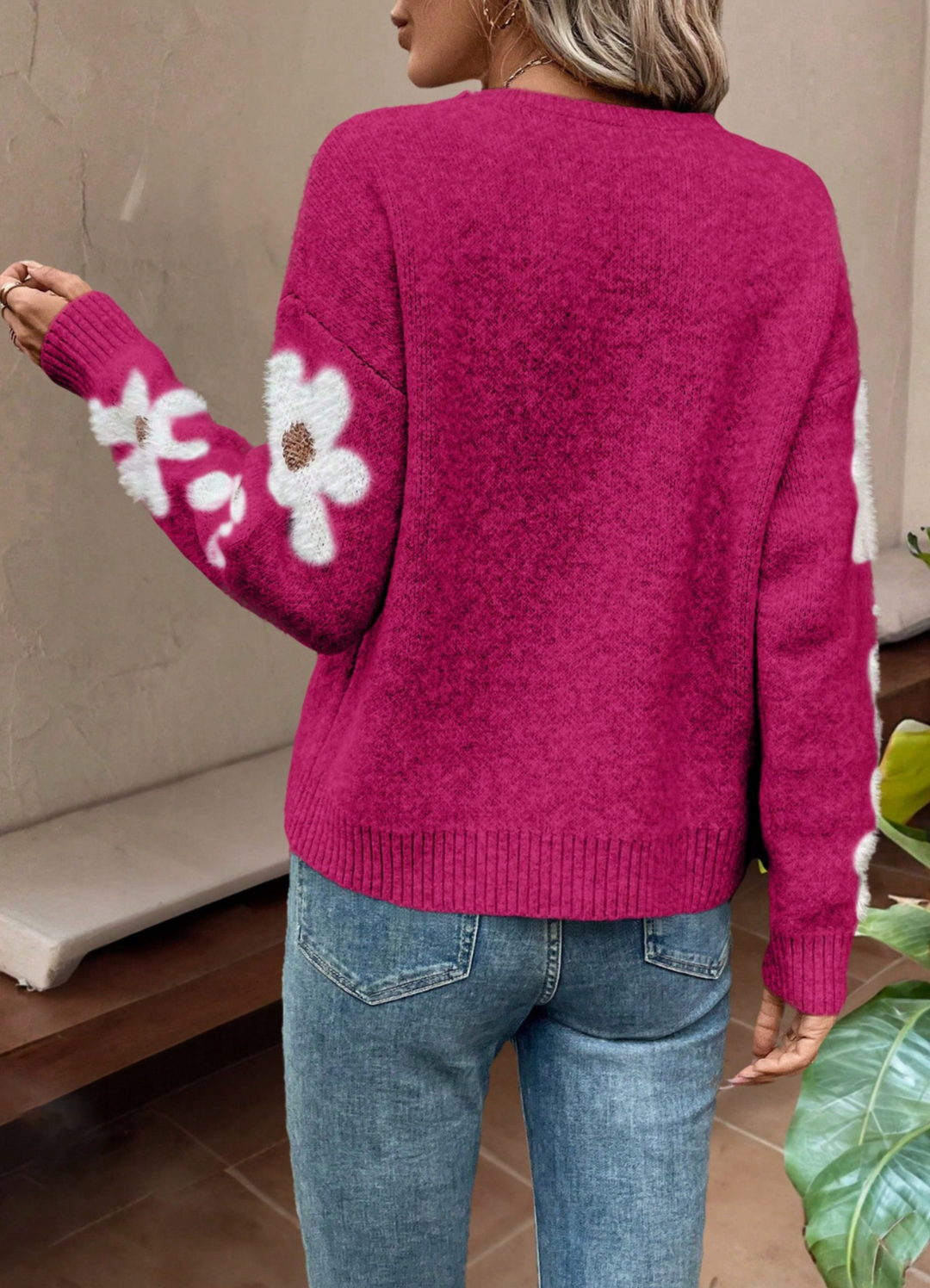 Women's Knit Jumper with Floral Sleeve Detail and Crew Neck, view 8