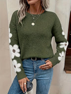 Women's Knit Jumper with Floral Sleeve Detail and Crew Neck, Green, view 9