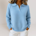 Women's Knit Jumper with Polo Collar and Button Placket, Blue, view 1