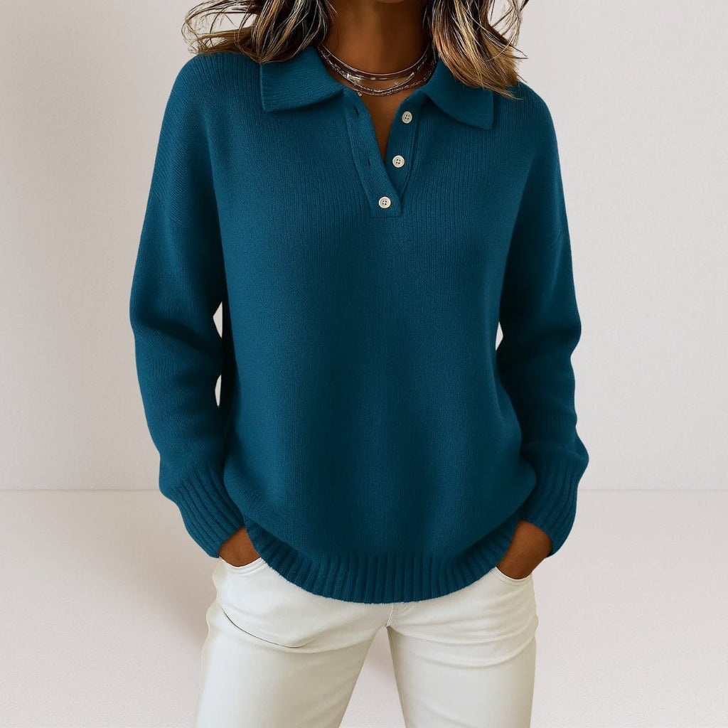 Women's Knit Jumper with Polo Collar and Button Placket, Dark Blue, view 2