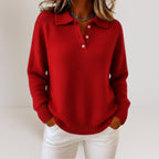 Women's Knit Jumper with Polo Collar and Button Placket, Red, view 3