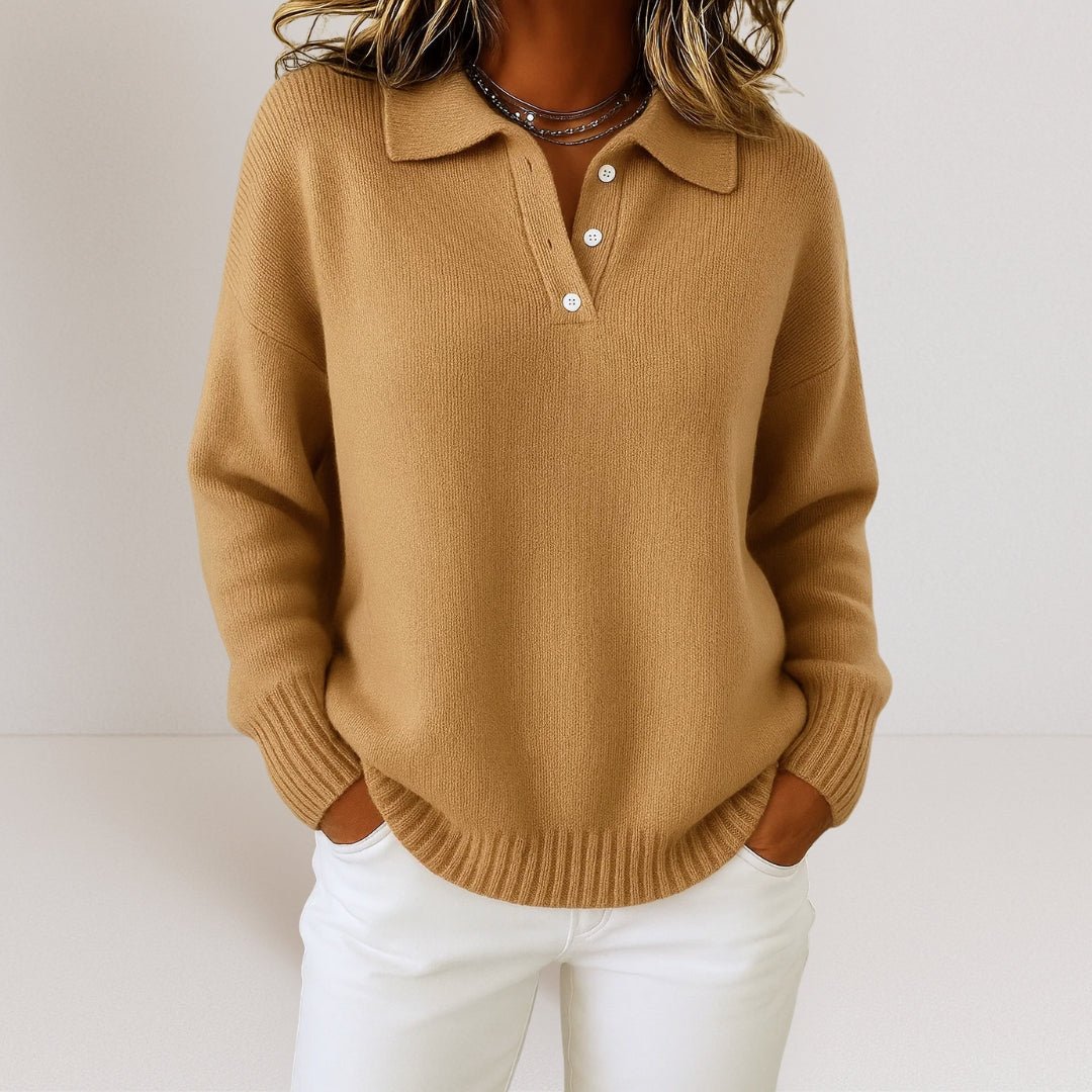 Women's Knit Jumper with Polo Collar and Button Placket, Brown, view 4