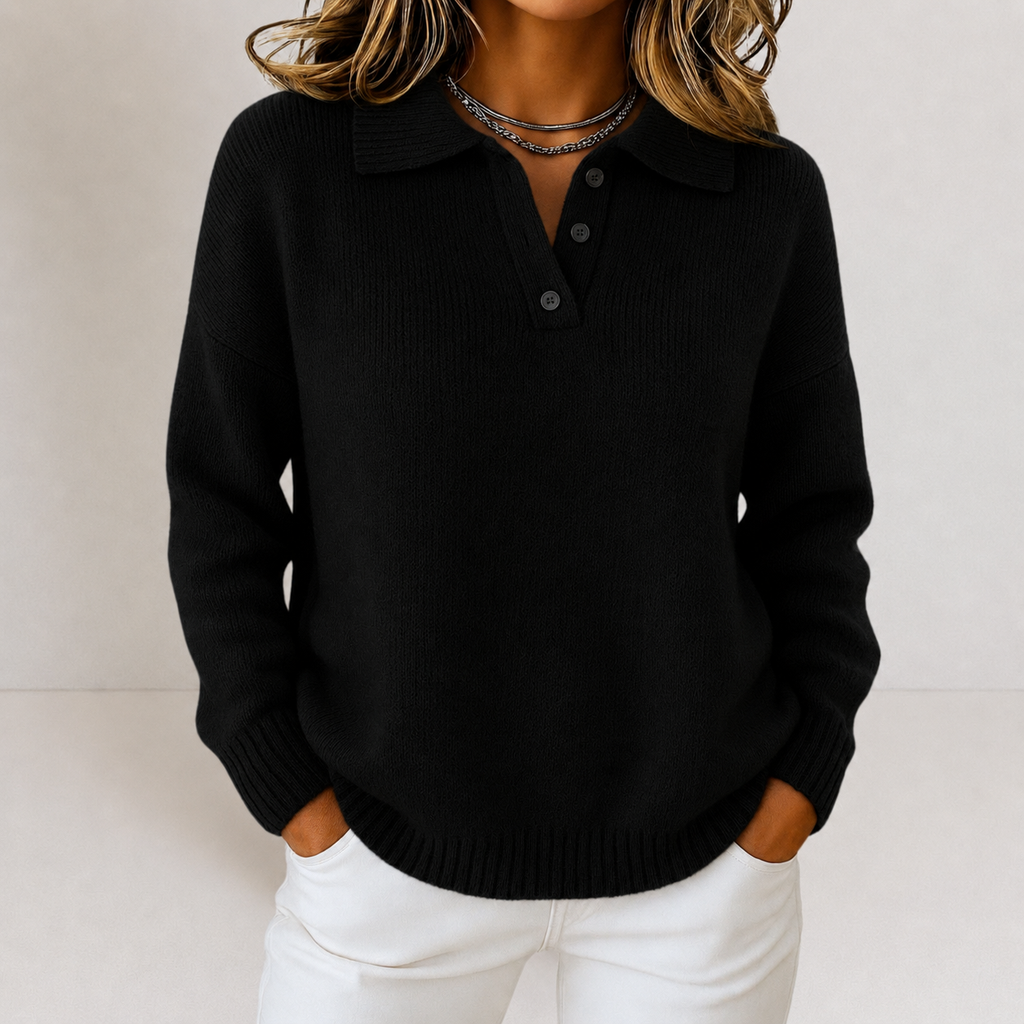Women's Knit Jumper with Polo Collar and Button Placket, Black, view 6