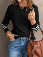 Women's Knit Jumper with Striped Ribbed Cuffs, Black, view 3