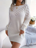Women's Knit Mini Dress with Openwork Lace Sleeves, White, view 1