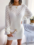 Women's Knit Mini Dress with Openwork Lace Sleeves, view 3