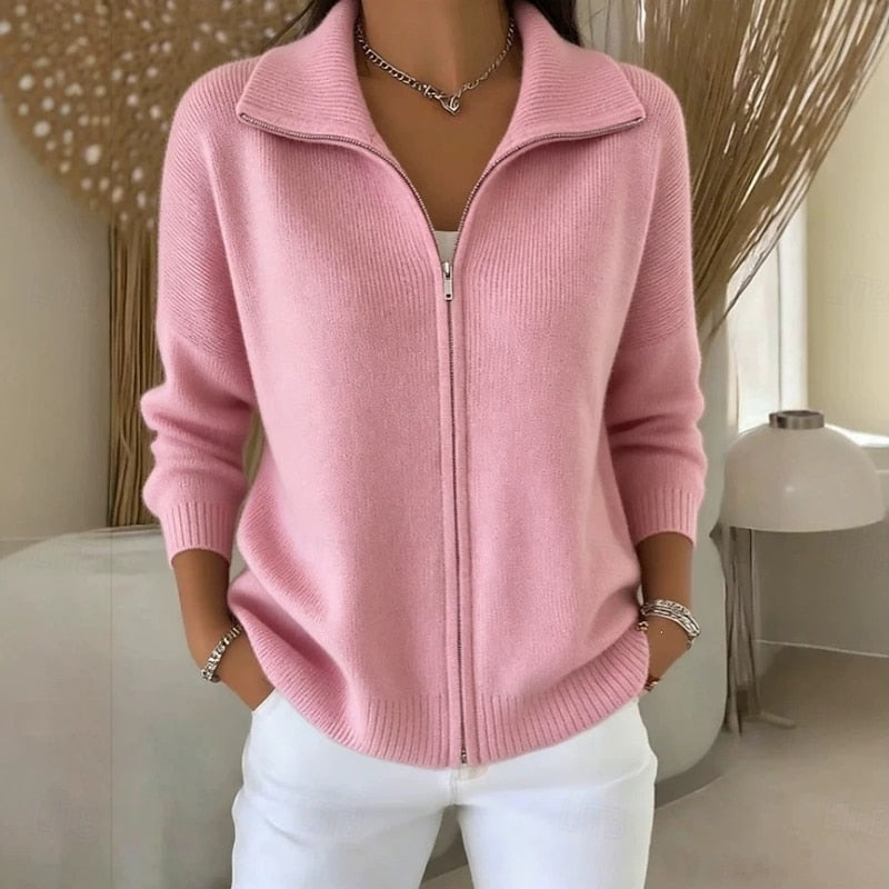 Women's Knit Zip-Up Cardigan with Wide Collar, Pink, view 1